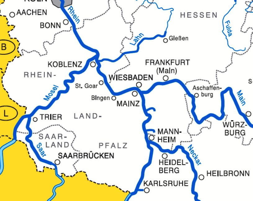 Karte mit Wasserwegen in Rheinland-Pfalz