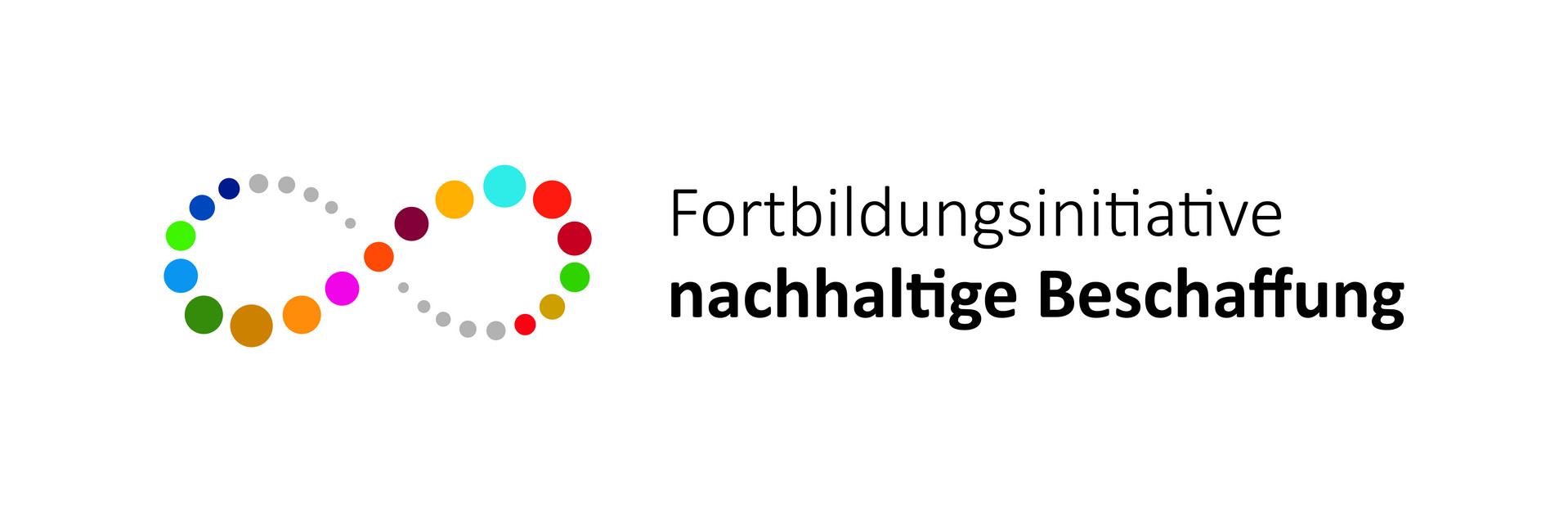 Das Logo der Gemeinsamen Bund-Länder-Fortbildungsinitiative nachhaltige Beschaffung. Das Logo ist ein aus Punkten dargestelltes Unendlichkeitszeichen. 17 Punkte sind an die SDG's angelehnt eingefärbt. Neben dem Unendlichkeitszeichen ist der Schriftzug der Fortbildungsinitiative. 