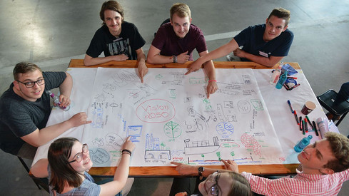 sieben Jugendliche sitzen um einen Tisch, auf diesem liegt ein Plakat mit dem Titel "Vision 2050" auf dem ihre Vorschläge für die Mobilität der Zukunft abgebildet sind