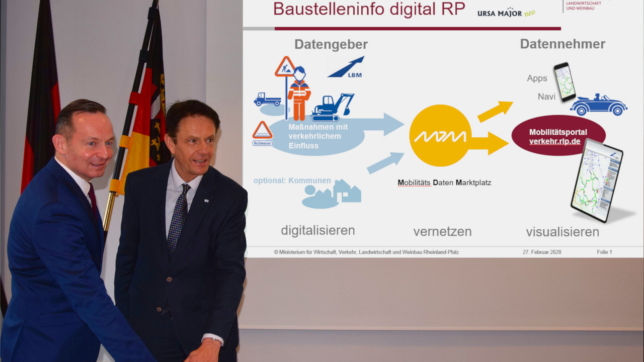 Verkehrsminister Dr. Volker Wissing hat gemeinsam mit Arno Trauden (Geschäftsführer LBM RLP) „Baustelleninfo digital“ freigeschaltet.                     